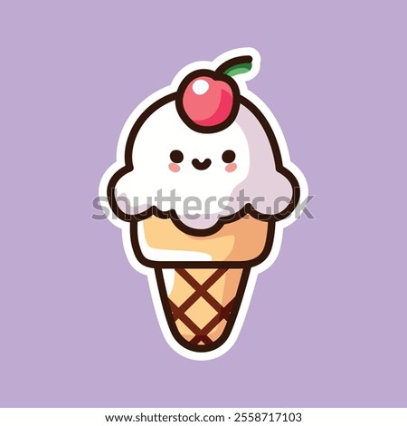 A cheerful cartoon illustration of a white ice cream cone with a smiling face and a cherry on top. The vibrant purple background adds a playful touch, perfect for dessert-themed designs.