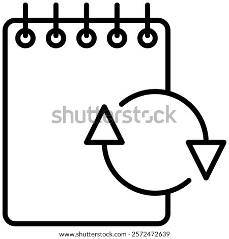 Minimalist black-and-white icon of a notepad with a refresh or sync symbol. Suitable for productivity, task management, or update-themed designs.