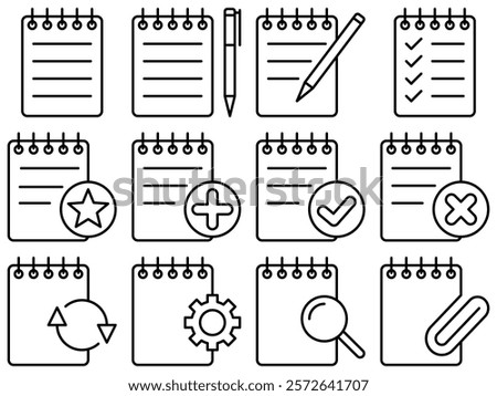 Notebook icon set. A collection of minimalist black outline icons of notebooks with various symbols such as gear, star, checkmark, and more. Perfect for apps, user interfaces, or design projects