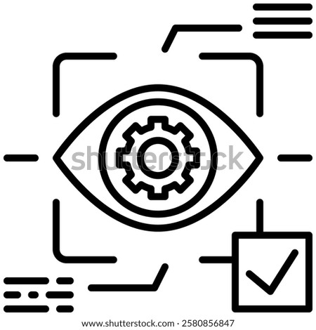 Object detection in artificial intelligence minimalist outline icon. Features an eye with a gear inside, symbolizing AI-powered image recognition, computer vision, and real-time object identification.