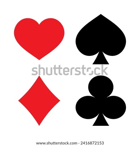 Four poker playing card suits - hearts, diamonds, spades, clubs. Playing Cards icons isolated on white background. Vector illustration.