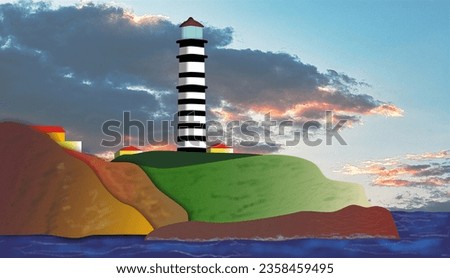 Illustration representing the lighthouse of the Abroglioos Islands, off the coast of Brazil, the lighthouse is a metal construction, arrived in pieces from Europe and assembled on site.