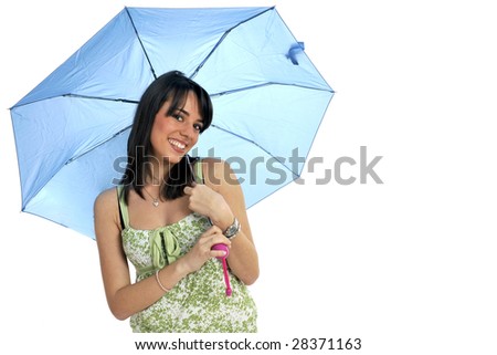 Half body view of woman with blue umbrella in casual wear, standing. Isolated on white background.