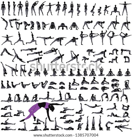 Set of silhouettes of woman practicing yoga exercises.  Icons of girl stretching and relaxing her body in many different yoga poses. Black shapes of yoga woman isolated on white background. 