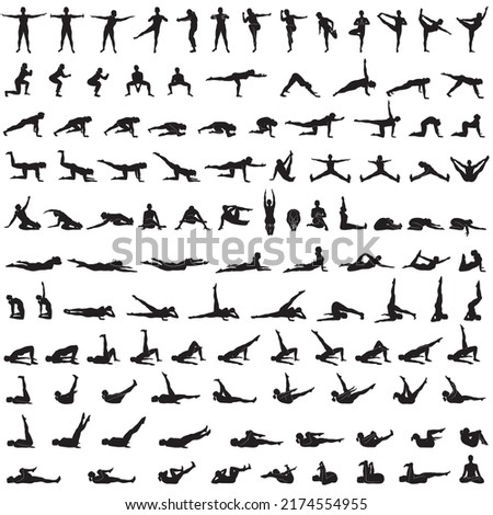 Big set of vector silhouettes of girl practicing yoga and fitness. Shapes of slim woman doing exercises and stretching in different poses isolated on white background. Healthy lifestyle consept.