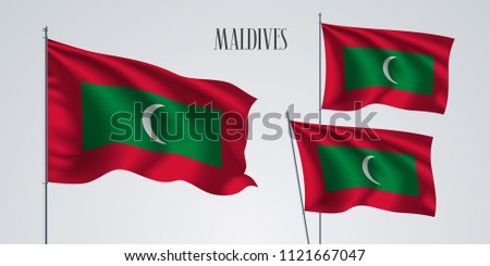 Maldives waving flag set of vector illustration. Red green colors of Maldives wavy realistic flag as a patriotic symbol 