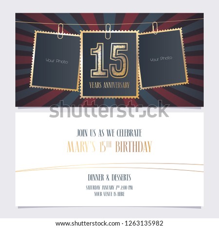 15 years anniversary party invitation vector template. Illustration with photo frames for 15th birthday card, invite 
