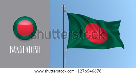 Bangladesh waving flag on flagpole and round icon vector illustration. Realistic 3d mockup of red and green Bangladeshi flag and circle button 