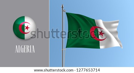Algeria waving flag on flagpole and round icon vector illustration. Realistic 3d mockup of moon and star of Algerian flag and circle button 
