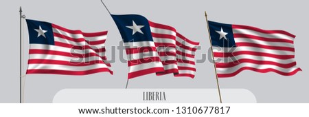 Set of Liberia waving flag on isolated background vector illustration. 3 red white Liberian wavy realistic flag as a patriotic symbol 