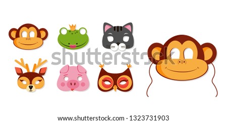 Mask of animals for kids birthday or costume party vector illustrations. Collection of cute zoo animals heads for photo booth icons. Monkey, owl portraits 