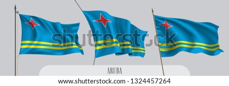 Set of Aruba waving flag on isolated background vector illustration. 3 blue wavy realistic flag as a patriotic symbol 