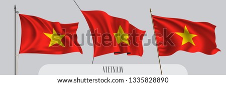 Set of Vietnam waving flag on isolated background vector illustration. 3 red and golden star  Vietnamese wavy realistic flag as a patriotic symbol 