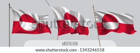 Set of Greenland waving flag on isolated background vector illustration. 3 red white Icelandic wavy realistic flag as a patriotic symbol 