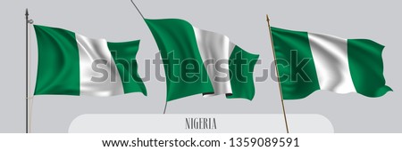 Set of Nigeria waving flag on isolated background vector illustration. 3 green white Nigerian wavy realistic flag as a patriotic symbol 