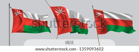 Set of Oman waving flag on isolated background vector illustration. 3 red green wavy realistic flag as a patriotic symbol 