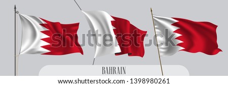 Set of Bahrain waving flag on isolated background vector illustration. 3 red white Bahraini wavy realistic flag as a patriotic symbol 