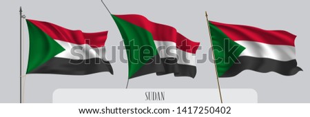 Set of Sudan waving flag on isolated background vector illustration. 3 tricolor Sudanian wavy realistic flag as a patriotic symbol 