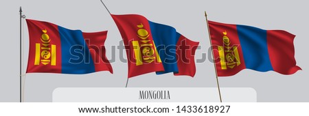 Set of Mongolia waving flag on isolated background vector illustration. 3 blue red Mongolian  wavy realistic flag as a patriotic symbol 