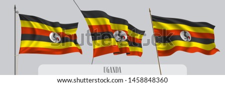 Set of Uganda waving flag on isolated background vector illustration. 3 multi stripes Ugandan wavy realistic flag as a patriotic symbol 