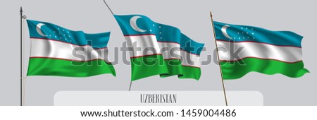 Set of Uzbekistan waving flag on isolated background vector illustration. 3 multi stripes Uzbekistanian wavy realistic flag as a patriotic symbol 