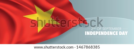 Vietnam happy independence day vector banner, greeting card. Vietnamese wavy flag in 2nd of September national patriotic holiday horizontal design 