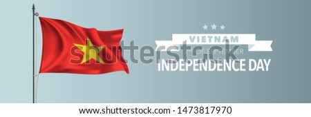 Vietnam happy independence day greeting card, banner vector illustration. Vietnamese national holiday 2nd of September design element with waving flag on flagpole 