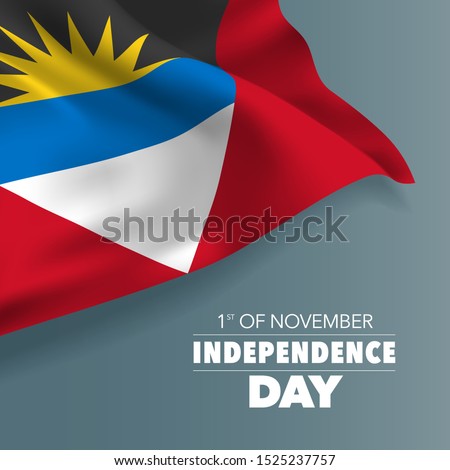 Antigua and Barbuda independence day greeting card, banner, vector illustration. Antiguan national day 1st of November background with elements of flag, square format 