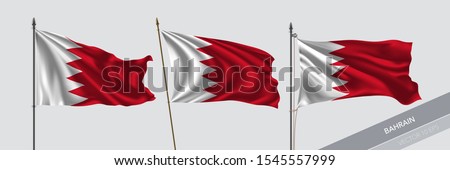 Set of Bahrain waving flag on isolated background vector illustration. 3 Bahraini wavy realistic flag as a symbol of patriotism 