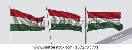 Set of Hungaria waving flag on isolated background vector illustration. 3 Hungarian wavy realistic flag as a symbol of patriotism 