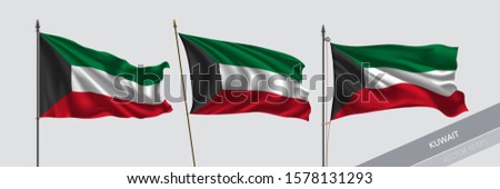 Set of Kuwait waving flag on isolated background vector illustration. 3 Kuwaiti wavy realistic flag as a symbol of patriotism 