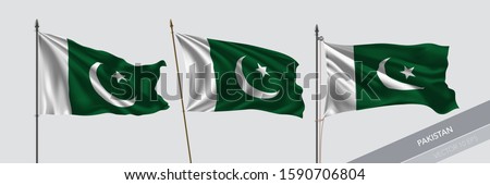 Set of Pakistan waving flag on isolated background vector illustration. 3 Pakistani wavy realistic flag as a symbol of patriotism 