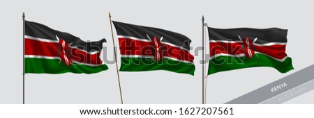 Set of Kenya waving flag on isolated background vector illustration. 3 Kenyan wavy realistic flag as a symbol of patriotism