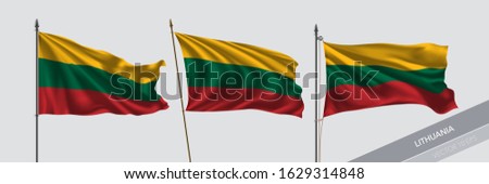 Set of Lithuania waving flag on isolated background vector illustration. 3 Lithuanian wavy realistic flag as a symbol of patriotism