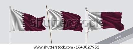 Set of Qatar waving flag on isolated background vector illustration. 3 Qatari wavy realistic flag as a symbol of patriotism