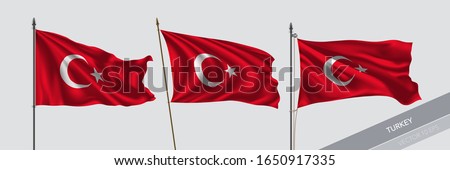 Set of Turkey waving flag on isolated background vector illustration. 3 Turkish wavy realistic flag as a symbol of patriotism