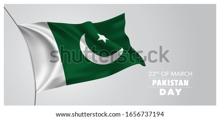 Pakistan day greeting card, banner, horizontal vector illustration. Pakistani holiday 23rd of March design element with waving flag as a symbol of independence