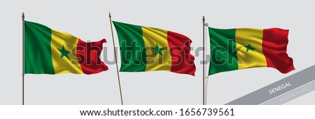 Set of Senegal waving flag on isolated background vector illustration. 3 Senegalese wavy realistic flag as a symbol of patriotism