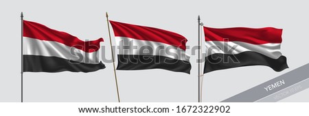 Set of Yemen waving flag on isolated background vector illustration. 3 Yemeni wavy realistic flag as a symbol of patriotism