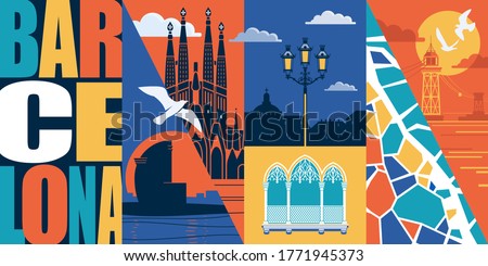 Spain, Catalonia vector skyline illustration, postcard. Travel to Barcelona design element with Spanish, Barcelonian landmarks - Barceloneta beach, basilica, Bridge of sights