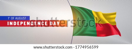 Benin happy independence day greeting card, banner vector illustration. National holiday 1st of August design element with 3D waving flag on flagpole