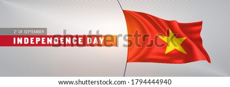 Vietnam happy independence day greeting card, banner vector illustration. Vietnamese national holiday 2nd of September design element with 3D waving flag on flagpole