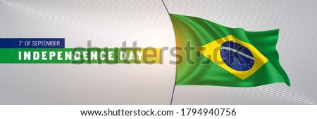 Brazil happy independence day greeting card, banner vector illustration. Brazilian national holiday 7th of September design element with 3D waving flag on flagpole