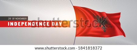 Albania happy independence day greeting card, banner vector illustration. Albanian national holiday 28th of November design element with 3D waving flag on flagpole