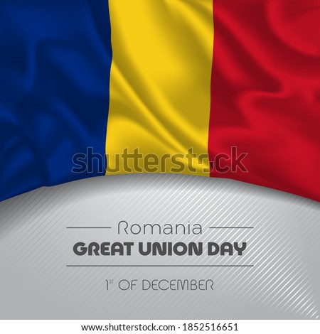 Romania happy great union day greeting card, banner vector illustration. Romanian national holiday 1st of December square design element with waving flag