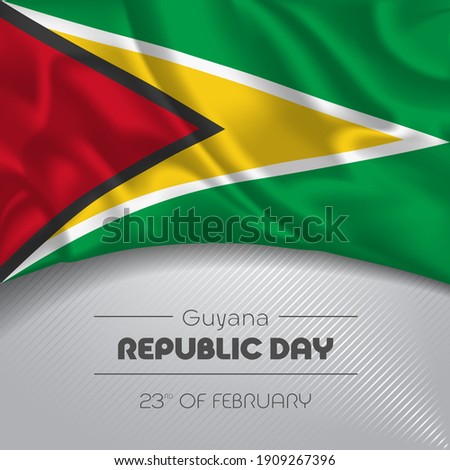 Guyana happy republic day greeting card, banner vector illustration. Guyanese national holiday 23rd of February square design element with waving flag