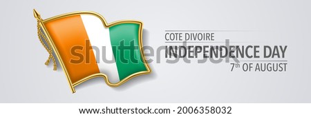Cote Divoire happy independence day greeting card, banner with template text vector illustration. Memorial holiday 7th of August design element with 3D flag with stripes