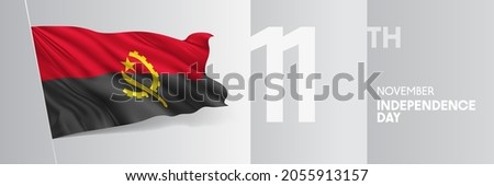 Angola happy independence day greeting card, banner vector illustration. Angolan national holiday 11th of November design element with 3D waving flag on flagpole