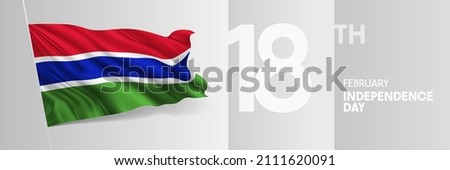 Gambia happy independence day greeting card, banner vector illustration. Gambian national holiday 18th of February design element with 3D waving flag on flagpole