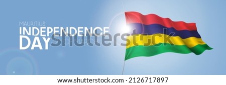 Mauritius happy independence day greeting card, banner with template text vector illustration. Memorial holiday 12th of March design element with 3D flag with stripes